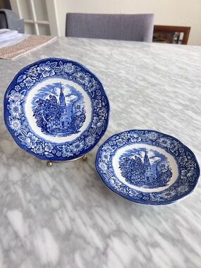 Vintage English Blue and White Floral Border Saucers (Set of 2)